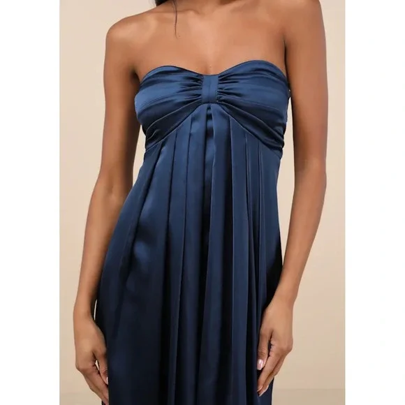 Lulus Memorable Entrance Navy Blue Satin Strapless Empire Waist Maxi Dress  sze L